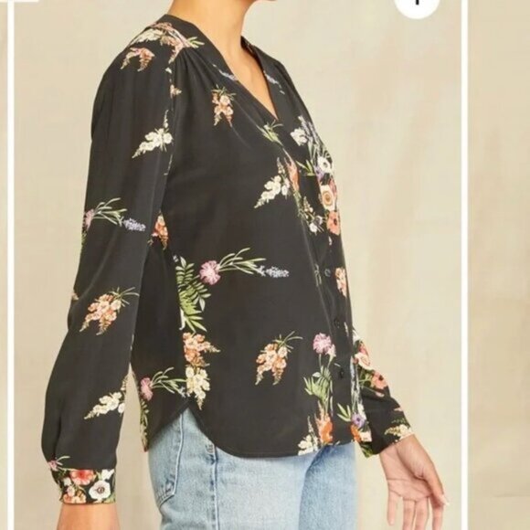 Amour Vert Navy Floral 100% Silk Kaya Blouse L - Picture 3 of 10